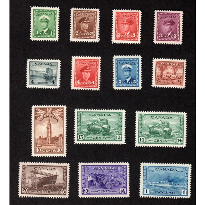 CANADA COMPLETE MINT VLH SET OF KGVI WAR ISSUE STAMPS SCOTT # 249 - 262 VF