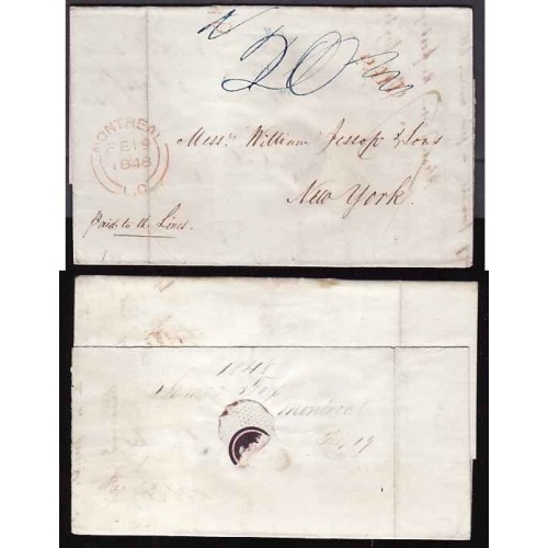 Canada-cover #12134-Stampless-to USA-Montreal,LC-Fe 19 1848-H/S red "PAID"