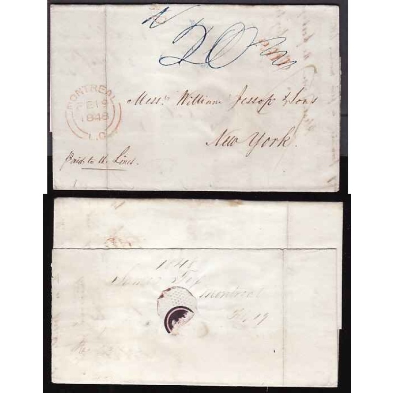 Canada-cover #12134-Stampless-to USA-Montreal,LC-Fe 19 1848-H/S red "PAID"