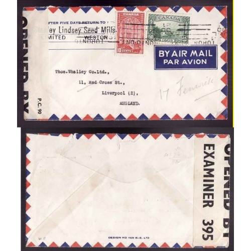 Canada-cover #13901-10c+50c-airmail-England-York Cnty-Toronto-double rate