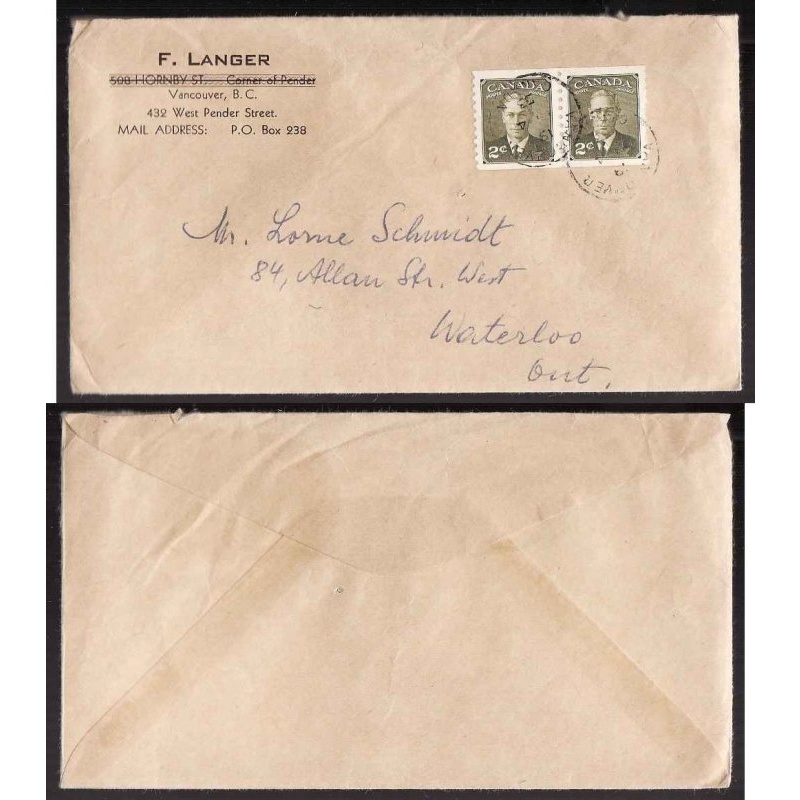 Canada-cover #13813-2c coil pair #309 commercially used-Vancouver,BC