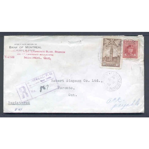 Canada-cover #9742-4c KGVI war+10c Parliament reg'd-Montreal St. Lawrence St Centr