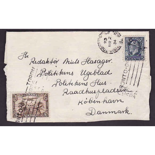 Canada-#9544 - 5c Medallion+5c Airmail on front only to Denmark-York County-