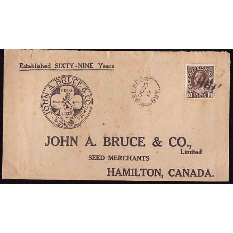 Canada cover #11425-3c Admiral-Illustrated -Wellington Cnty-Belwood-Oc 23 1919