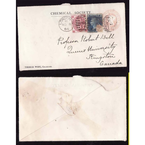 GB-cover #14373-Stationary uprated to Canada-London W-No 8 1866-2p dam