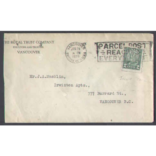 Canada-cover #5705-2c drop rate joint coil[#161]-Vancouver,BC-Jan 29 1929-
