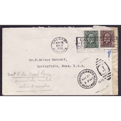 Canada-#9555-1c + 2c KGV medallion to USA - Calgary , Alberta - May 17 1934 - M/S "