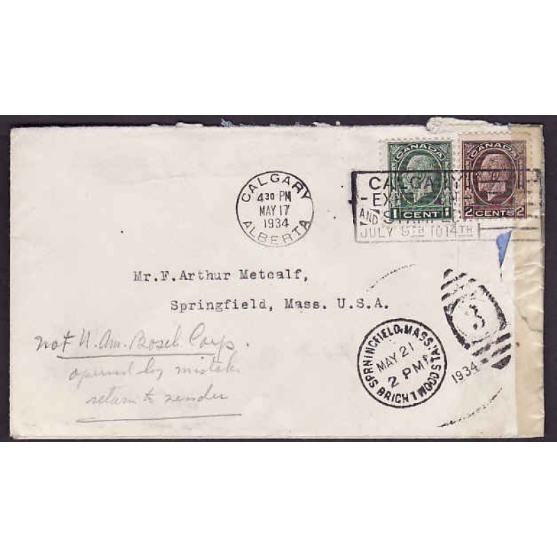 Canada-#9555-1c + 2c KGV medallion to USA - Calgary , Alberta - May 17 1934 - M/S "