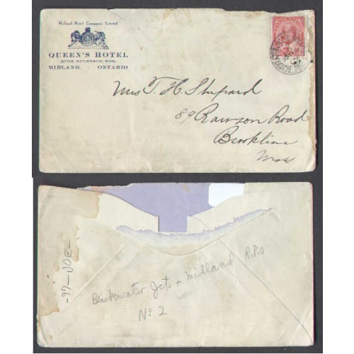 Canada-cover #5340-2c-Simcoe Cnty-Blackwater Jct & Midland RPO/No. 2-Queen's Hotel