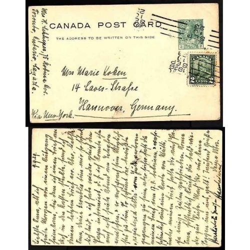 Canada-#9457 - 2c Admiral postal stationery uprated-2c KGV scroll to Germany