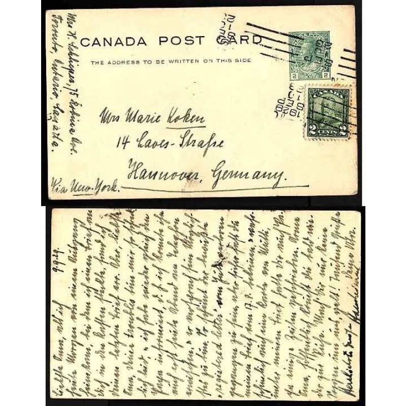 Canada-#9457 - 2c Admiral postal stationery uprated-2c KGV scroll to Germany