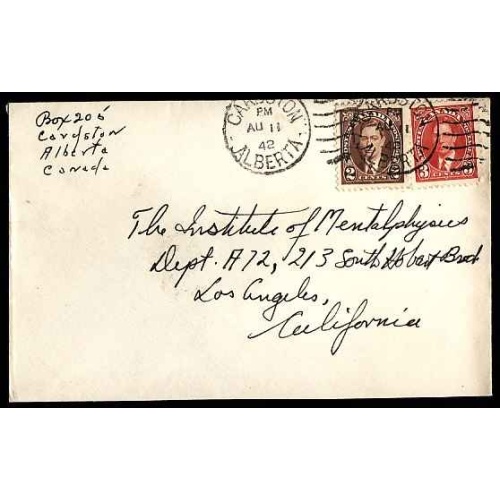 Canada-#12430 - 2c + 3c KGVI mufti to California - Cardston, Alberta duplex