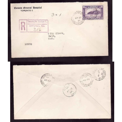 Canada-cover #14195–13c regd-York Cnty-Toronto Carleton St-Ap 27 1934