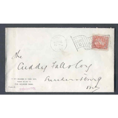 Canada-cover #9777-3c Small Queen-York Cnty-Toronto,Ont flag cancel [type 7 "D"]-