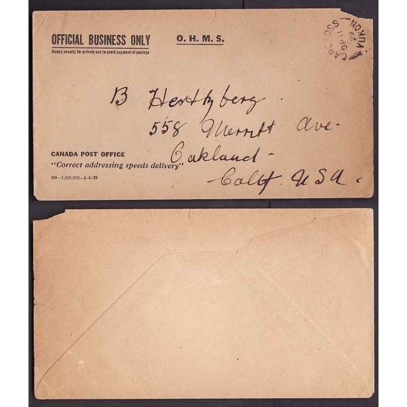 Canada-#9413-Stampless [ Official Business Only O.H.M.S. ]-Carcross,Yukon-Sp 11 1929-