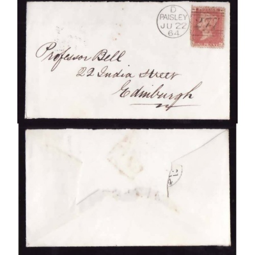 GB-cover #14381-1p-plate 85-addressee Robert Bell-Paisley Ju 22 1864 #277