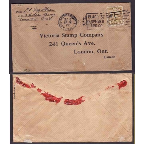 Canada-#9418 - 4c KGV scroll-York Cnty-Toronto,Ont-Sep 12 1930-4c franking