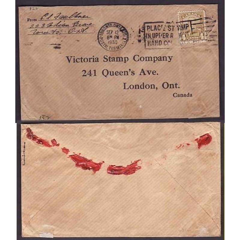 Canada-#9418 - 4c KGV scroll-York Cnty-Toronto,Ont-Sep 12 1930-4c franking