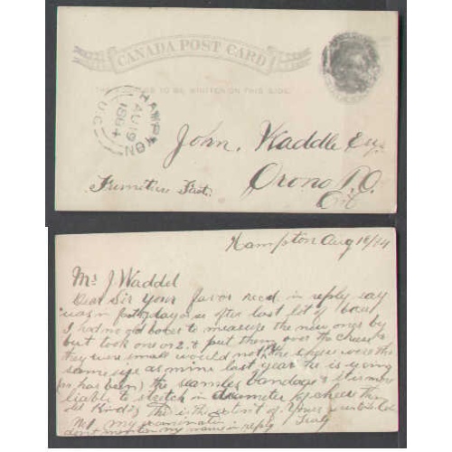 Canada-cover #4605-1c p/c-Durham Cnty-Hampton,Ont -Au 19 1884-