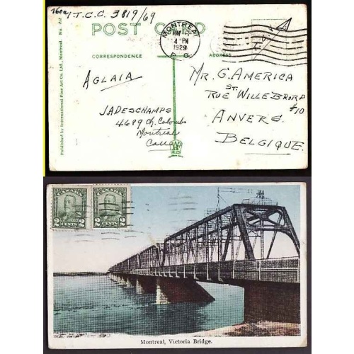 Canada-9476 - 2c(2) KGV scroll on p/c to Belgium - Montreal , PQ - May 6 1