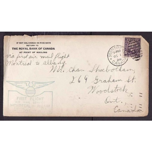 Canada-cover #13186-5c- AMC 2847-first flight Montreal to Albany-Oc 1 1928