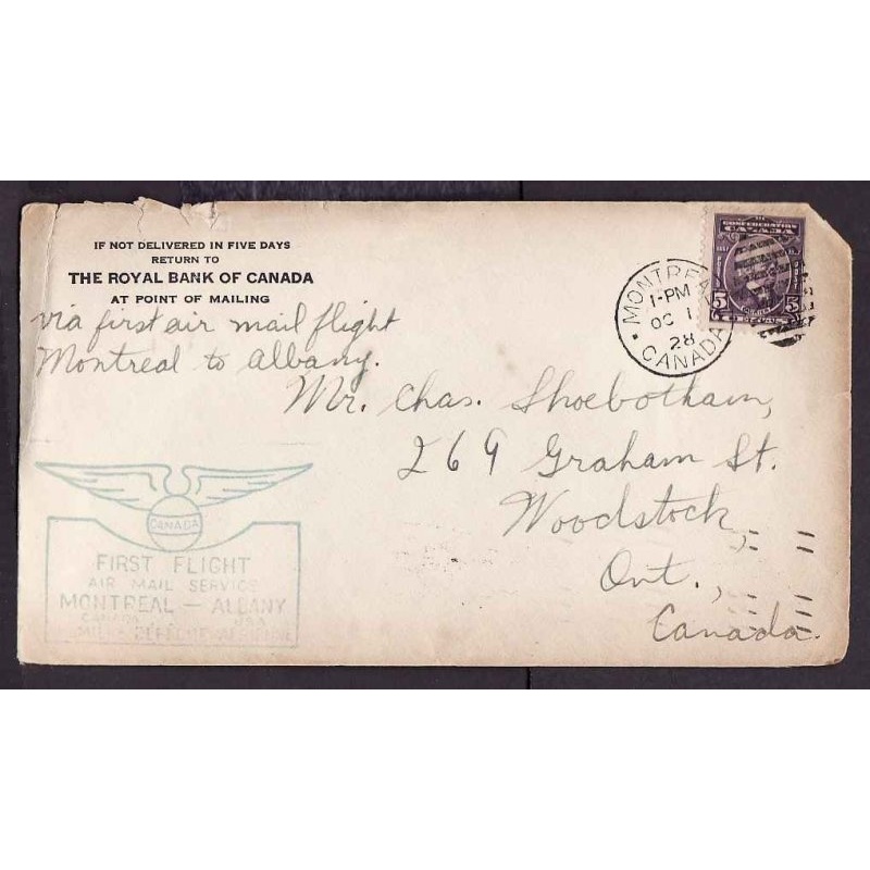Canada-cover #13186-5c- AMC 2847-first flight Montreal to Albany-Oc 1 1928