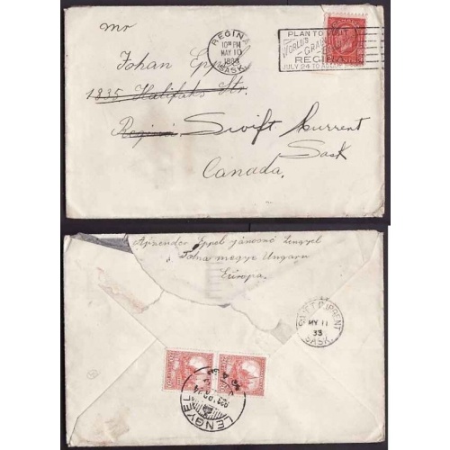 Canada-#9487 - 3c KGV medallion on cover from Hungary - Lengyel , Apr 24 1933