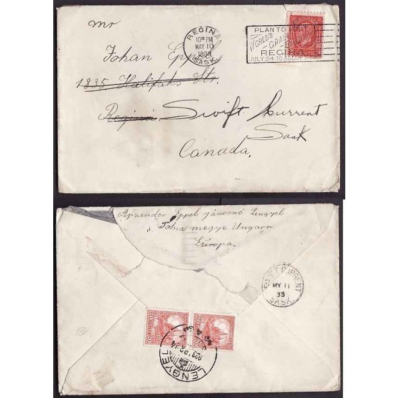Canada-#9487 - 3c KGV medallion on cover from Hungary - Lengyel , Apr 24 1933