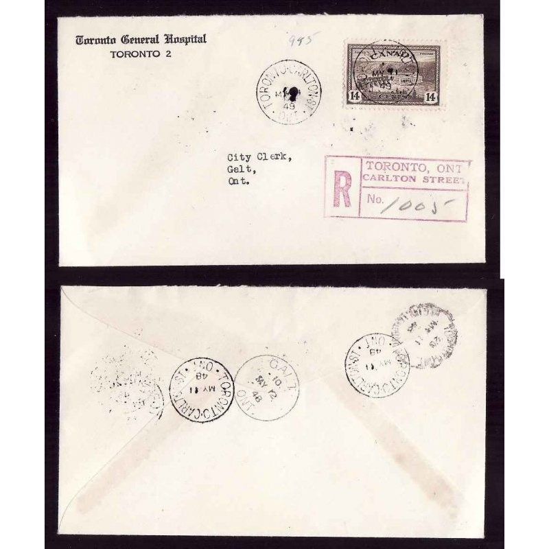 Canada cover #14177–14c regd-York Cnty-Toronto Carleton St, Ont-My 11 1948–
