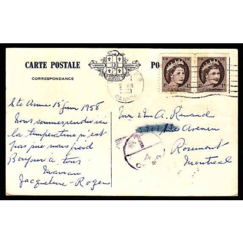 Canada-cover #12523-1c pair shortpays-"T/4 cents"-Quebec, PQ cds -