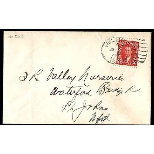 Canada-cover #11877-3c KGVI mufti - Windsor, NS duplex cancel-Jan 7 1942