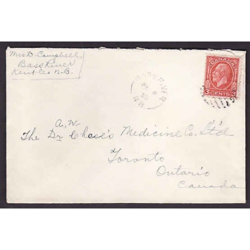 Canada-cover #10270 - 3c KGV medallion - Bass River, NB - Fe 8 1935
