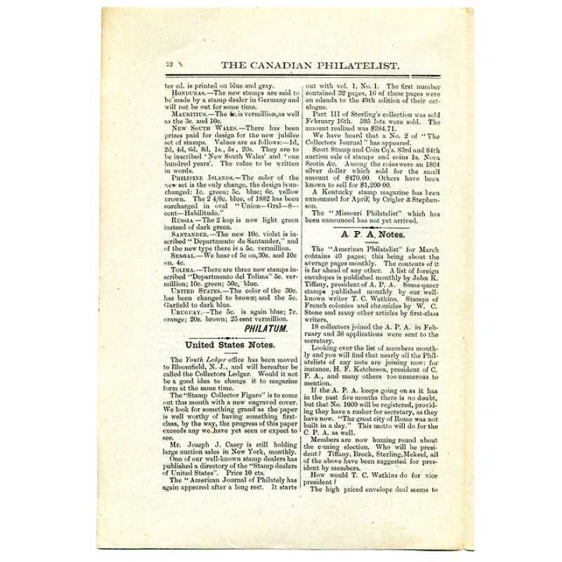 "The Canadian Philatelist"  March 1888, Vol. 1., No. 3. SPECIMEN COPY