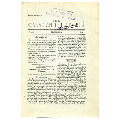 The Canadian Philatelist  March 1888, Vol. 1., No. 3. SPECIMEN COPY