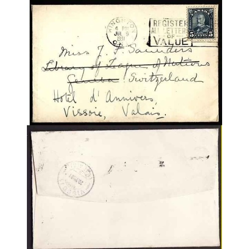 Canada-cover #10399-5c KGV-Switzerland-Frontenac Cnty-Kingston, Ont-Jul 9 19