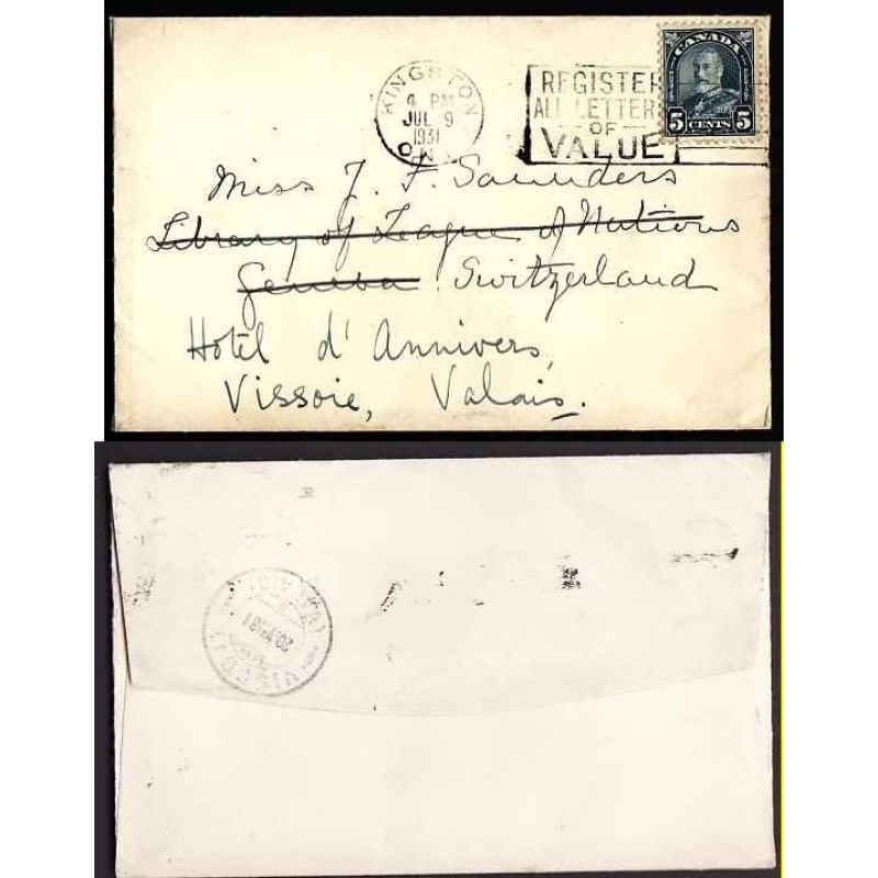 Canada-cover #10399-5c KGV-Switzerland-Frontenac Cnty-Kingston, Ont-Jul 9 19