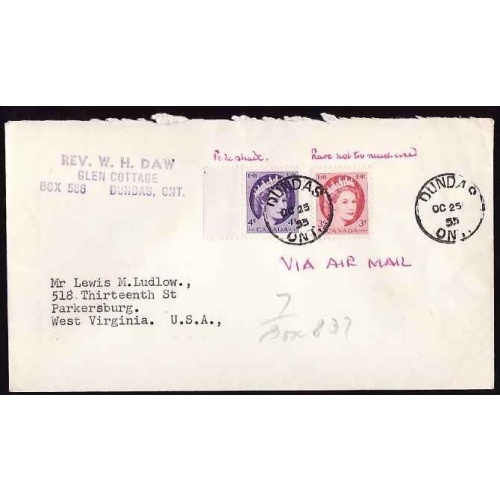 Canada-cover #12536-3c+4c-USA airmail rate-Wentworth Cnty-Dundas, Ont