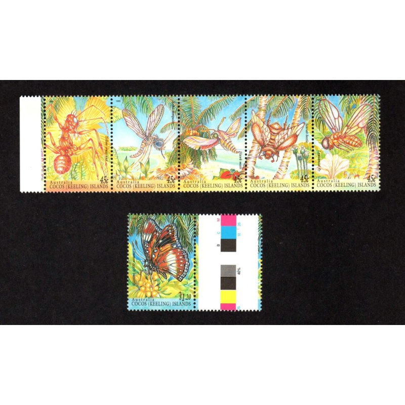 COCOS ISLANDS MNH SET OF 6 STAMPS SCOTT # 302a-e - 303 INSECTS