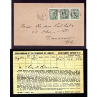 Canada-cover #13929-Murrayville,BC-De 15 1944-1c KGVI war strip of 3-