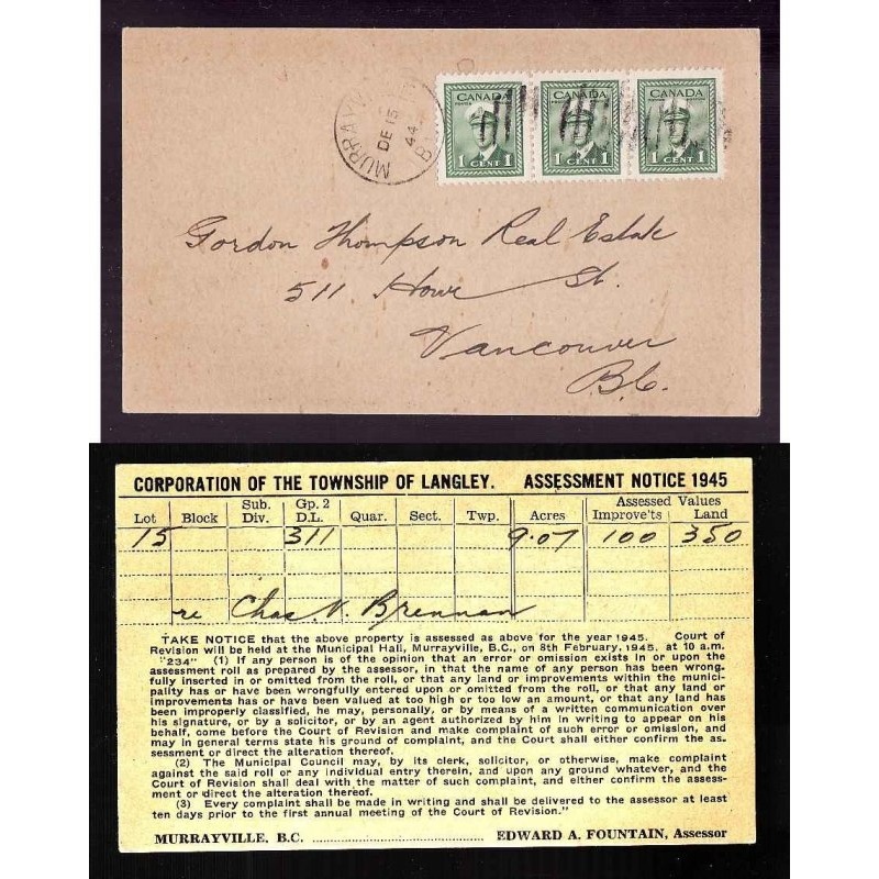 Canada-cover #13929-Murrayville,BC-De 15 1944-1c KGVI war strip of 3-
