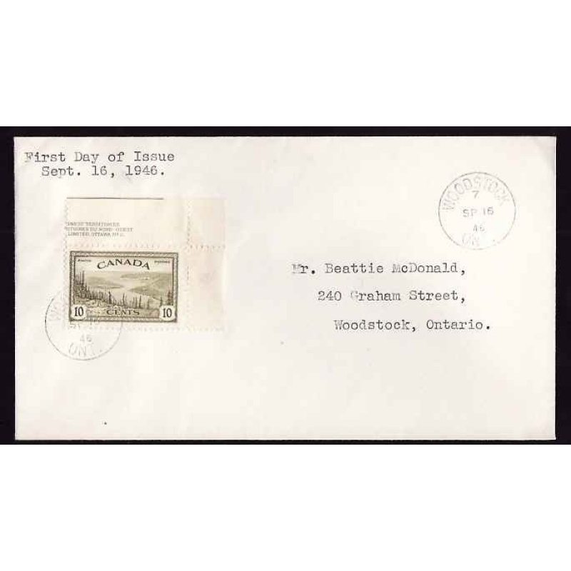 Canada-cover #13518-10c #269-partial plate inscription-FDC-Woodstock, Ont