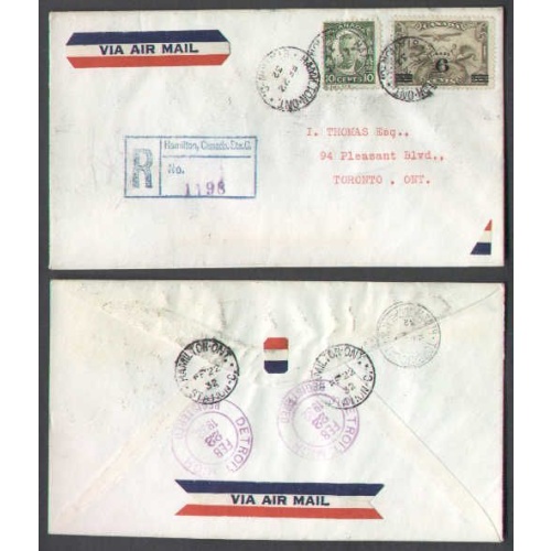 Canada-cover #5187-6c+10c Airmail regd-Hamilton,Ont-Fe 22 1932-first day