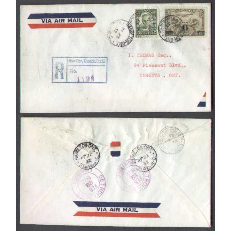 Canada-cover #5187-6c+10c Airmail regd-Hamilton,Ont-Fe 22 1932-first day