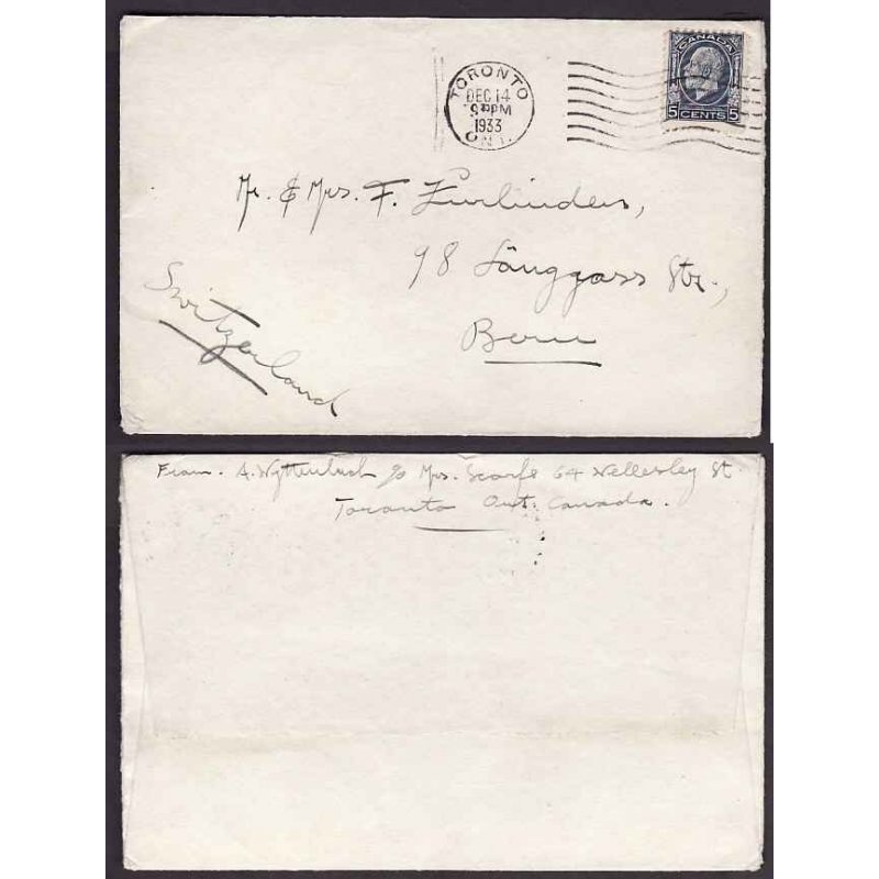 Canada-#9583 - 5c KGV medallion to Switzerland - York County - Toronto , Ont