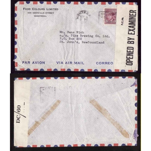 Canada-cover #14210–3c-censored-to Newfoundland-Montreal,PQ-Sep 6 1944-