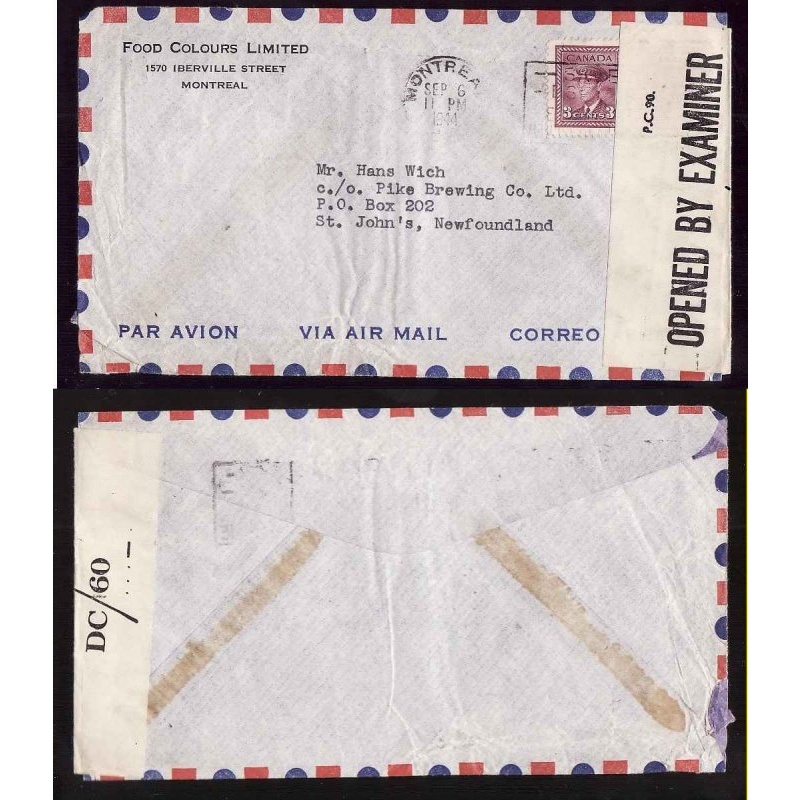Canada-cover #14210–3c-censored-to Newfoundland-Montreal,PQ-Sep 6 1944-