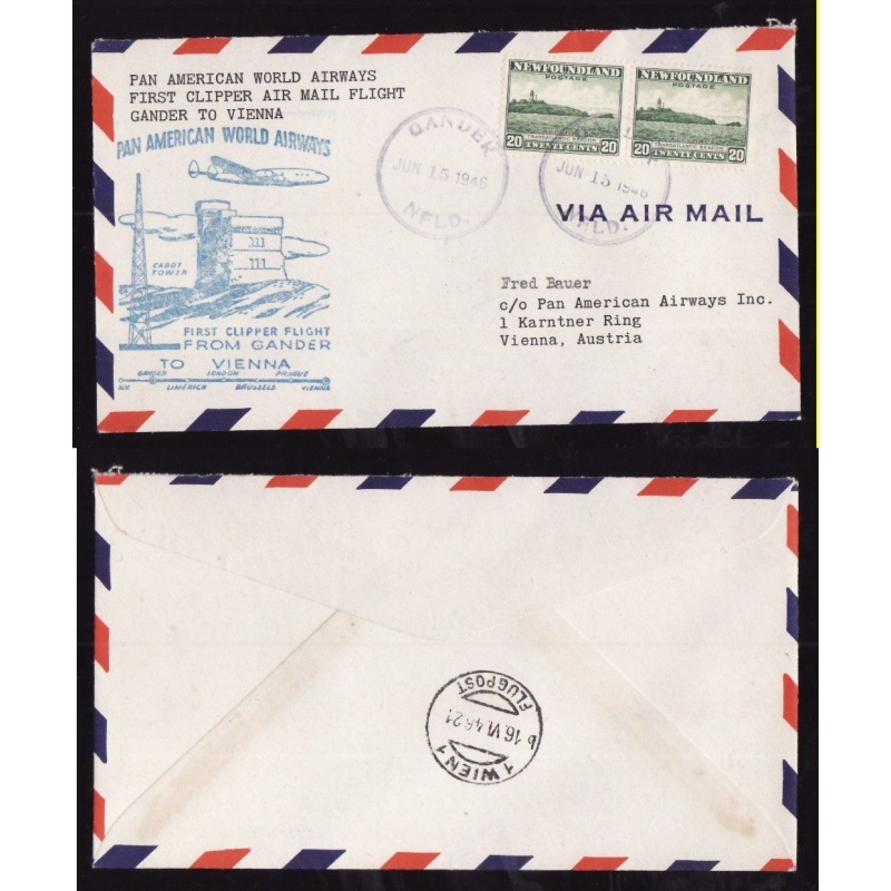 Newfoundland cover-#32-First Clipper flight to Vienna-Gander,NFLD