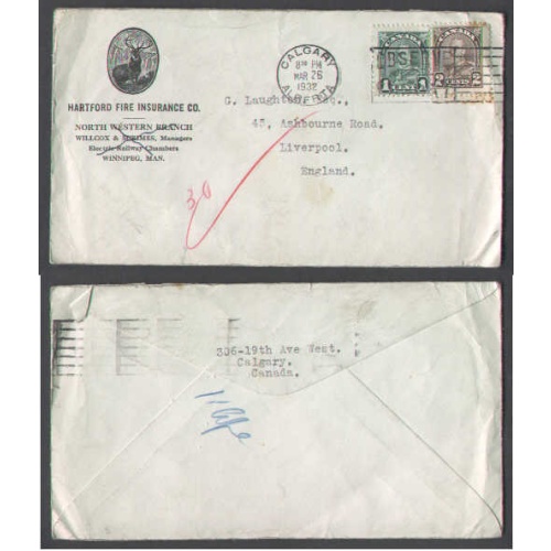 Canada-cover #4992-1c+2c-Calgary,Alberta-Advert-3c Empire letter rate to England -