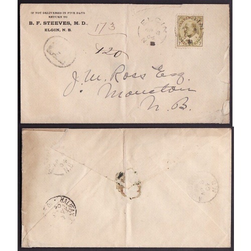 Canada-cover #10153-7c Edward reg'd-Elgin,NB-Ap 8 1904-CC "B.F. Steeves , MD" -
