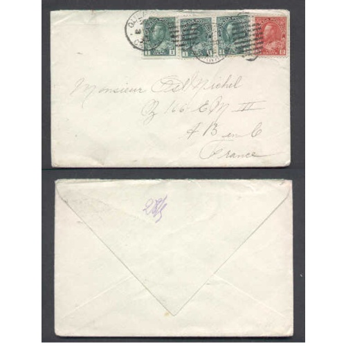 Canada-cover #4988-1c(3)+2c(1) to France-Quebec,Canada-My 30 1912-5c UPU rate